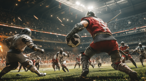 A Football Player Mid-Tackle in Medieval Football Game.