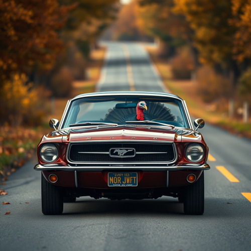 A Ford Mustang with turkey driver on road.