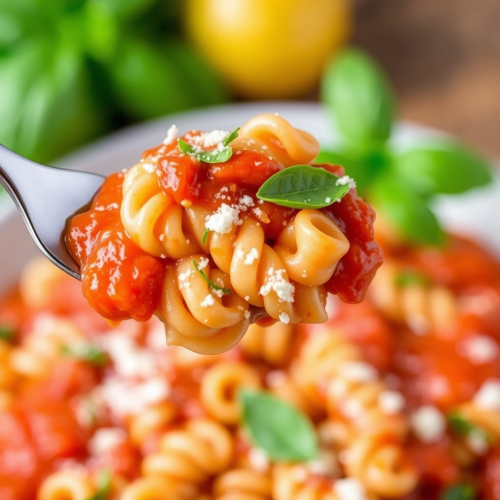 A Forkful of Saucy Fusilli Pasta with Basil