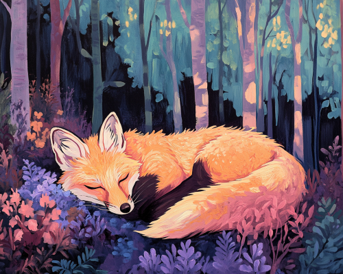 A Fox Resting in Moody Forest: Acrylic Painting
