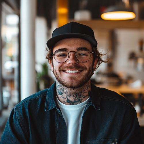 A Freelance Writer with Tattoos Smiling at Camera