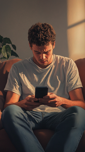 A Frustrated Man Looking at Smartphone in Living Room