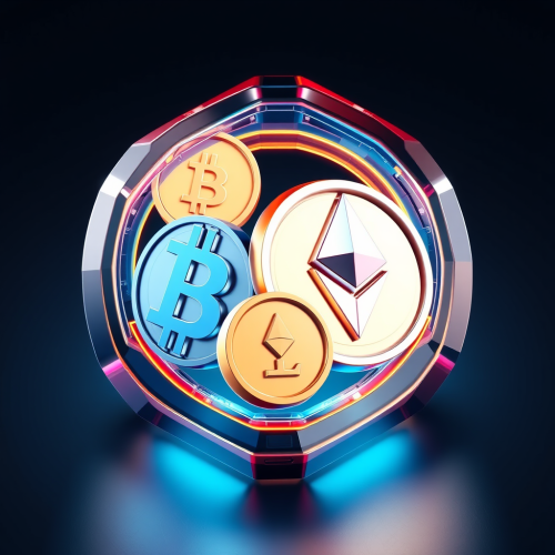 A Futuristic 3D Digital Cryptocurrency Icon Display