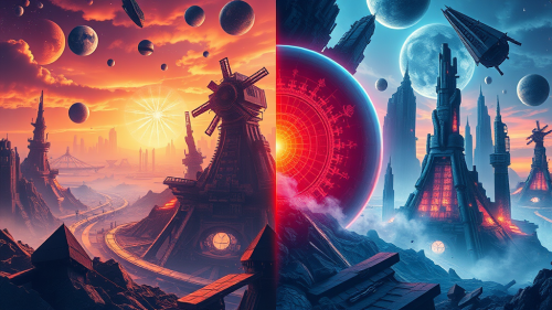 A Futuristic Utopia and Dystopia Split-Screen Poster
