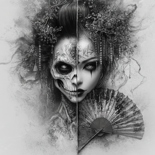 A Geisha Portrait: Half Skeleton, Half Human 