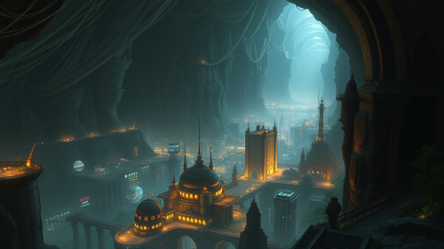 A Giant Underground Steampunk City Viewed from Cliff