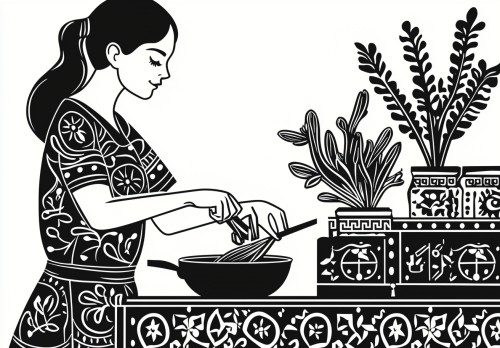 A Girl Cooking Pepperoni in Ancient Slavic Style