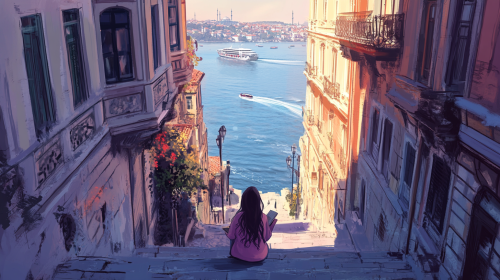 A Girl Reading on Istanbul Staircase