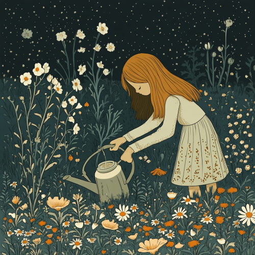 A Girl Waters Flowers in Detailed Vector Style