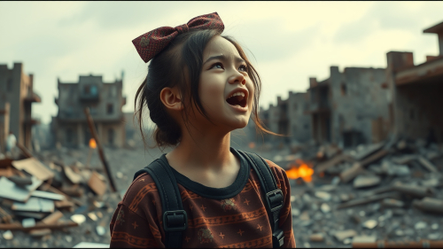 A Girl Weeping in War-Torn Cityscape