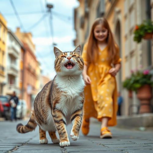 A Girl and Laughing Cat Walking Together