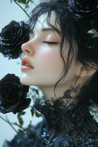 A Girl in Magical Girl Style with Black Roses