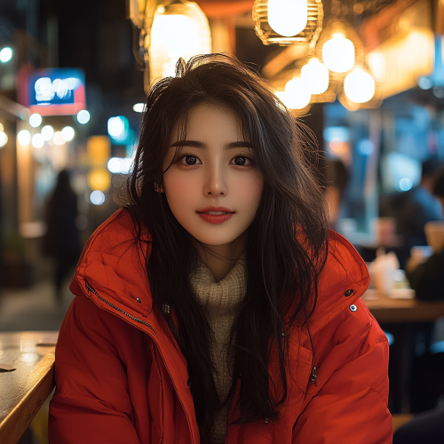 A Girl in Red Coat Drinking at Korean Cafe