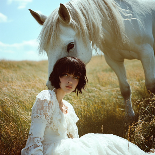 A Girl in White Dress with Giant Unicorn