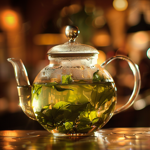 A Glass Teapot with Green Tea Leaves Swirling