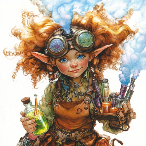 A Gnome Alchemist Creates Explosive Mixtures for Battle