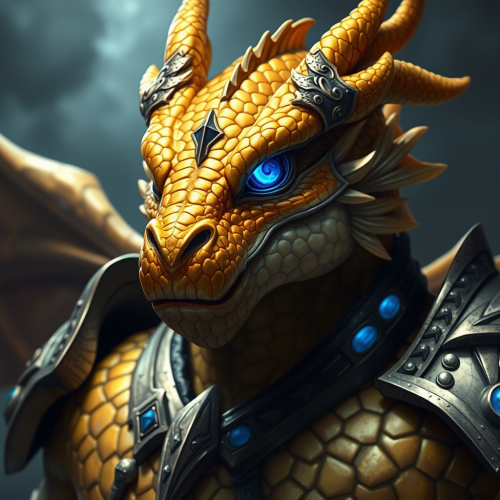 A Golden Dragonborn Warrior with Blue Accents