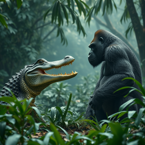 A Gorilla and Crocodile Face-Off in Jungle