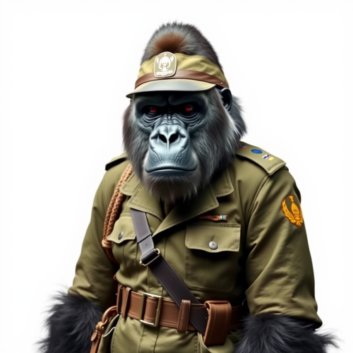 A Gorilla in Military Uniform on White Background