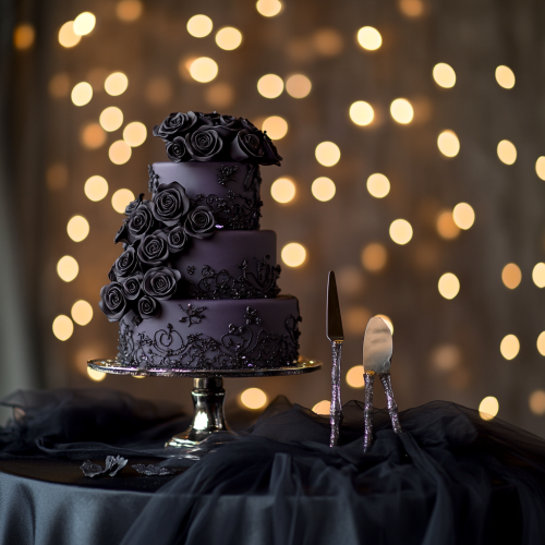 A Gothic Wedding Cake on a Elegant Table