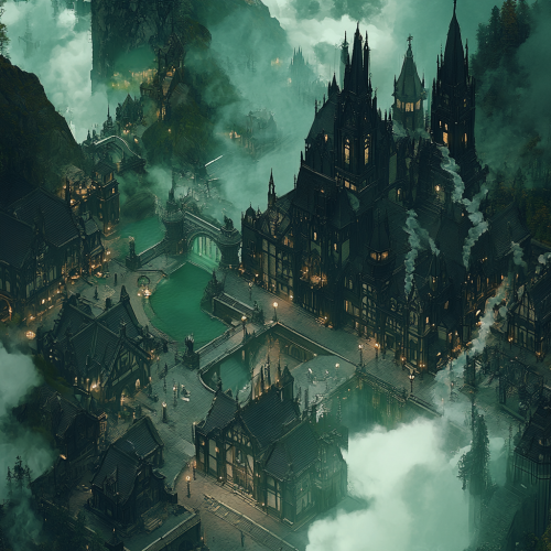 A Gothic village under dark mountain and mystical protection.