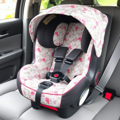 A Graco Toddler Car Seat with Floral Pattern