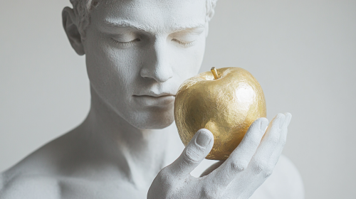 A Greek man hides golden apple in hands