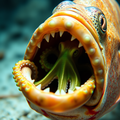 A Green Octopus Inside a Fish's Mouth