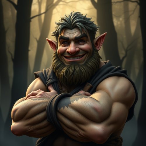 A Halfling Man in Mystical Forest Grins Proudly.