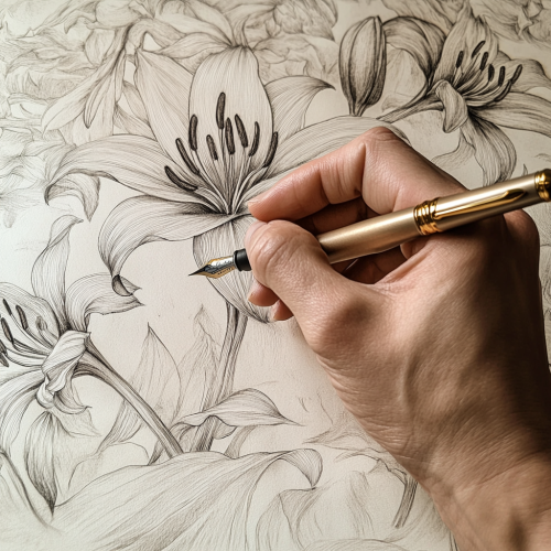 A Hand Drawing Lily Pattern with Fountain Pen