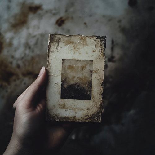 A Hand Holding Old, Faded Photo With Tears
