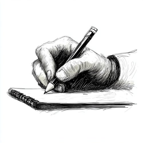 A Hand Writing in Notebook with Pencil Sketch