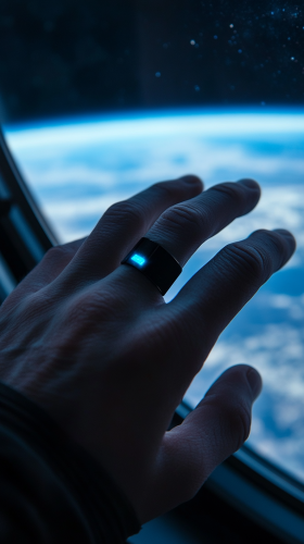 A Hand with Black Ring Glowing in Space