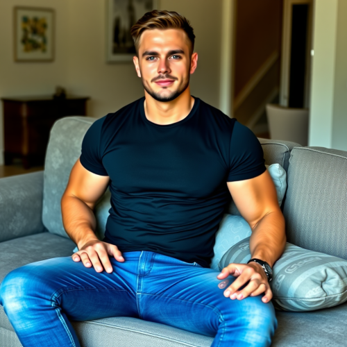 A Handsome, Muscular Man Relaxing on a Couch