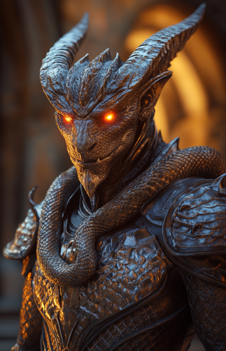 A Handsome Demon in Regal Armor with Snake