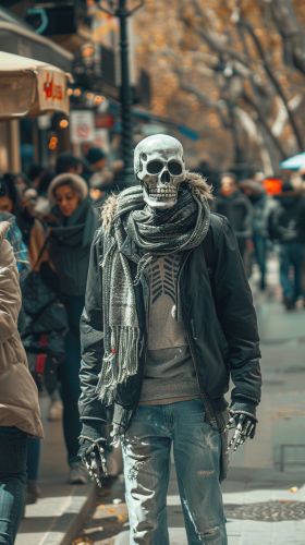 A Handsome Skeleton Strolling in Madrid Street