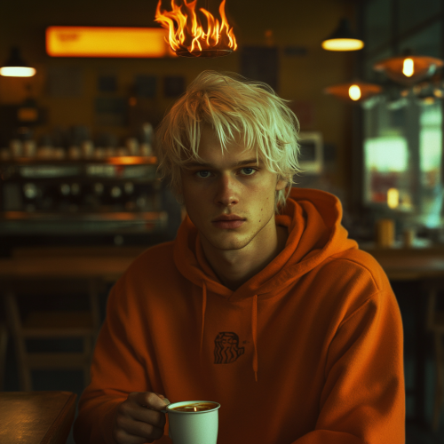 A Handsome Young Man with Firey Hair in Coffee Shop