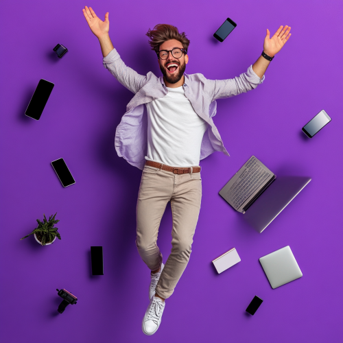 A Happy, Stylish Man Flying with Technology