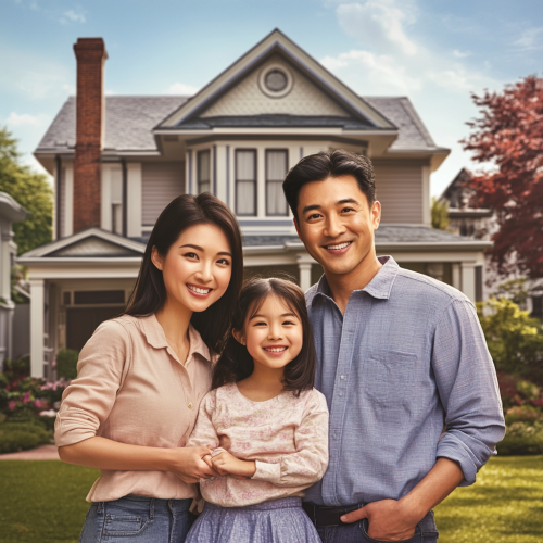 A Happy Asian Family Outside Western House A Happy Asian Family Outside Western House