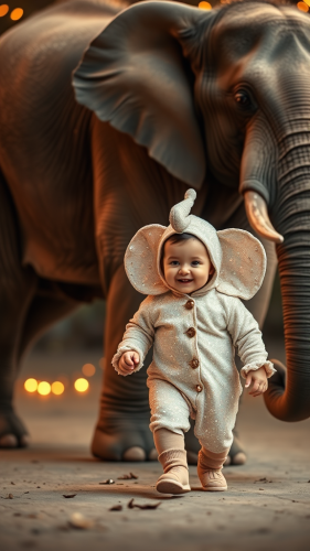 A Happy Baby Elephant Walking with a Real Elephant