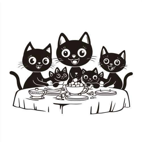 A Happy Cat Family Sitting at Dining Table