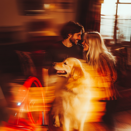 A Happy Couple with Dog in Blurry Room