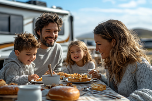A Happy Family Having Breakfast Outside their RV. A Happy Family Having Breakfast Outside their RV.