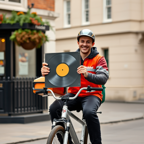 A Happy Food Delivery Rider with Album in London