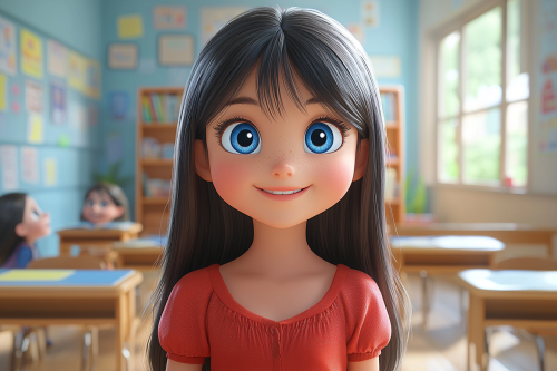 A Happy Girl in a Disney Classroom Cartoon