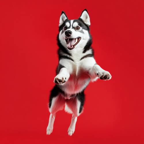 A Happy Husky Jumping on Red Background