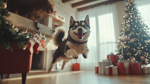 A Happy Husky and Cat Celebrating Christmas