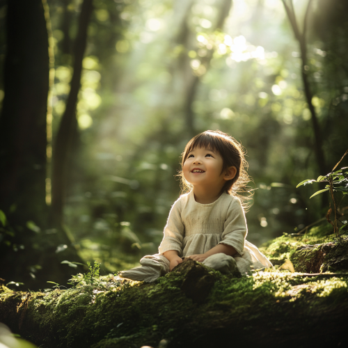 A Happy Japanese Child in Forest Sunlight