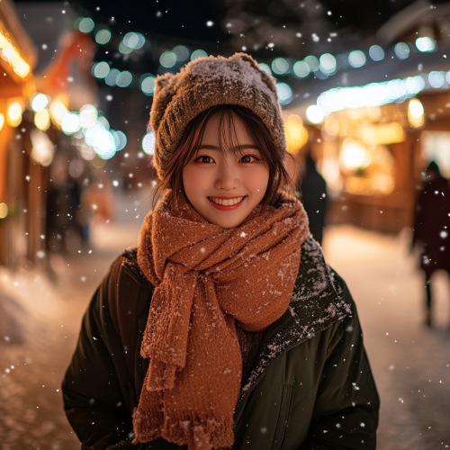 A Happy Korean Woman in Snowy Christmas Town