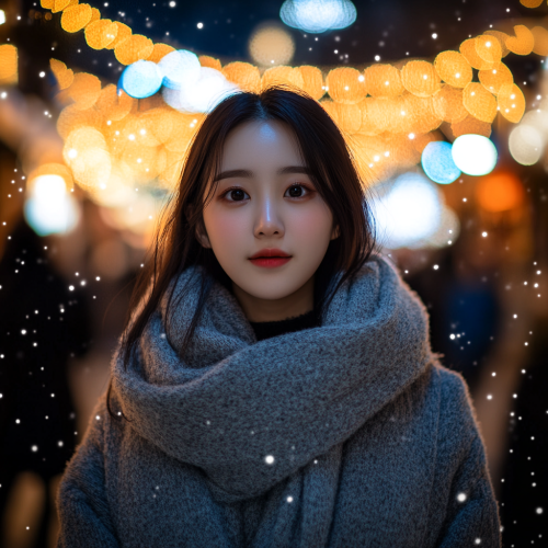 A Happy Korean Woman in Snowy Fairytale
